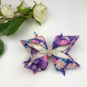 Handmade Large Bow Hair Clip - Purple Floral Print Grosgrain Ribbon 6" x 4"